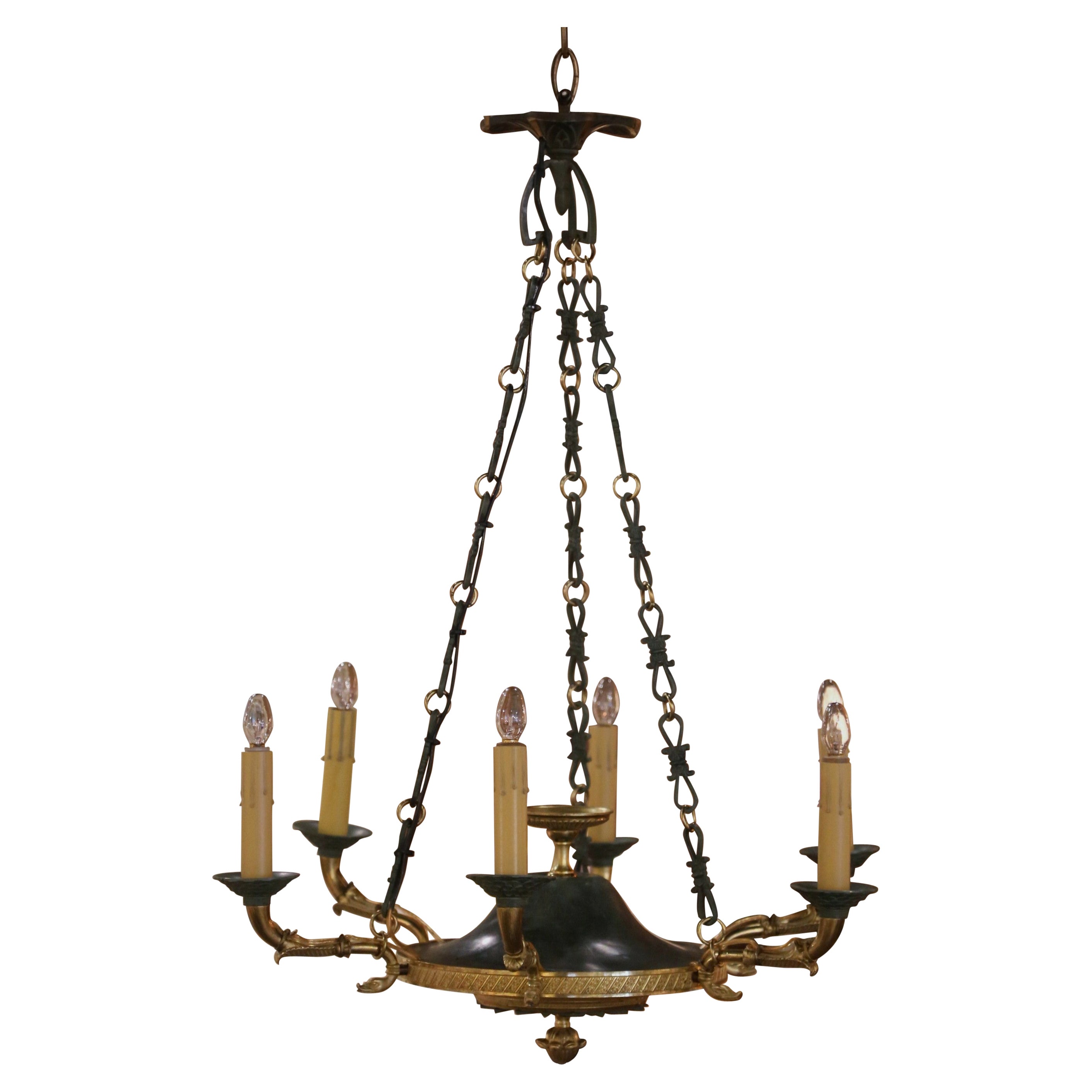 Early 20th Century French Empire Bronze Dore Six-Light Chandelier