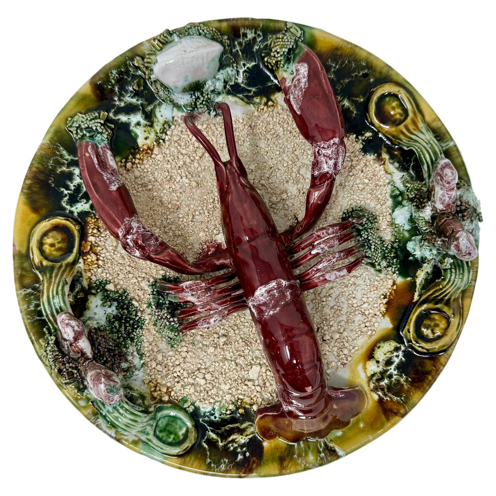 Estate Portuguese Palissy-Ware Pottery Small Lobster Seafood Plate, Circa 1950.