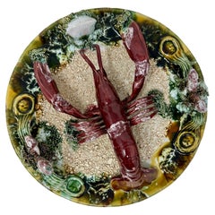 Estate Portuguese Palissy-Ware Pottery Small Lobster Seafood Plate, Circa 1950.