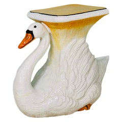 Vintage Italian Glazed Terracotta Ceramic Swan Garden Stool or Side Table
