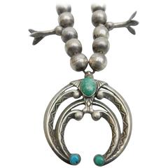 Vintage Pretty Navajo Coin Silver and Turquoise Squash Necklace, circa 1930