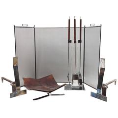Albrizzi Complete Fireplace Set, Screen, Tools Andirons, Log Holder, 1960s