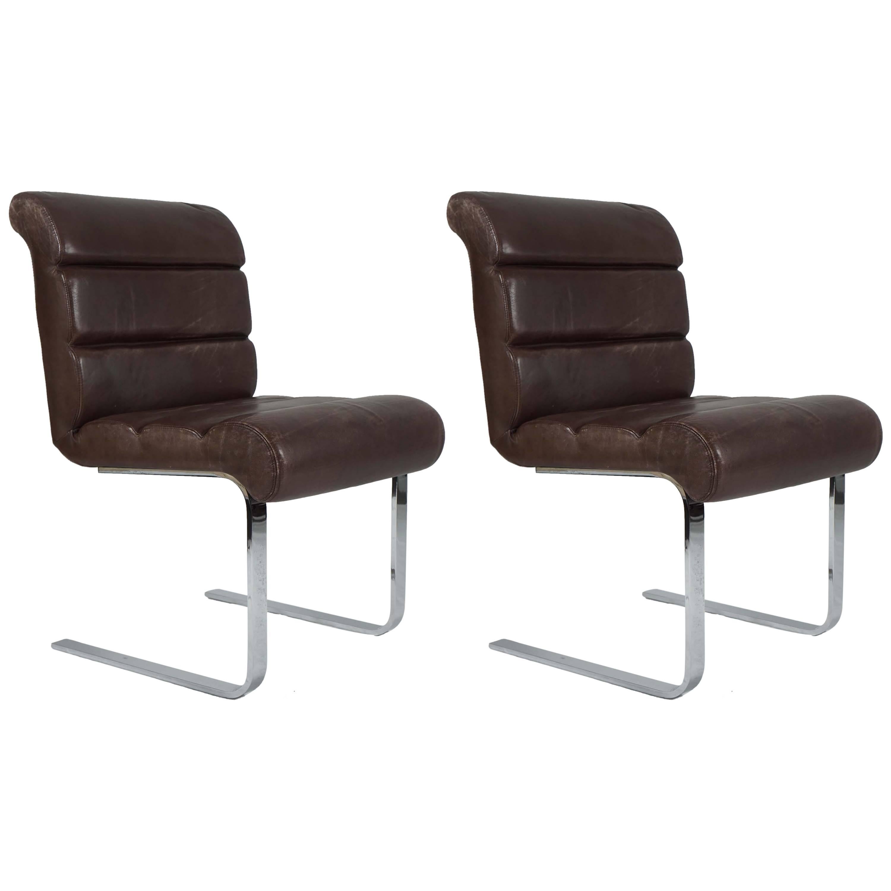 Pair of Pace Collection Dining Chairs in Leather and Chrome For Sale