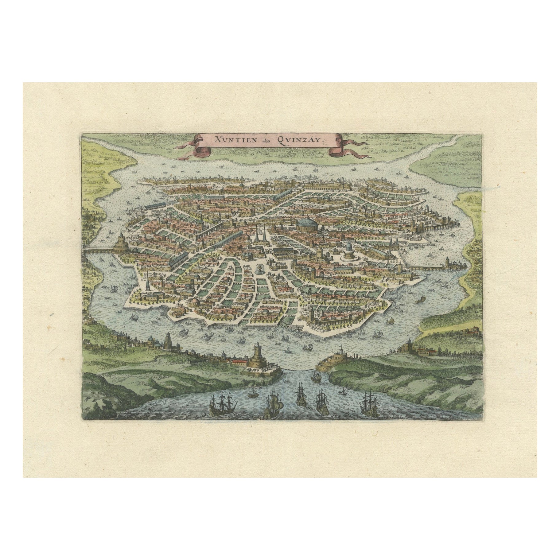 Antique Bird's-Eye View of Hangzhou (China) by Matthäus Merian, 1638