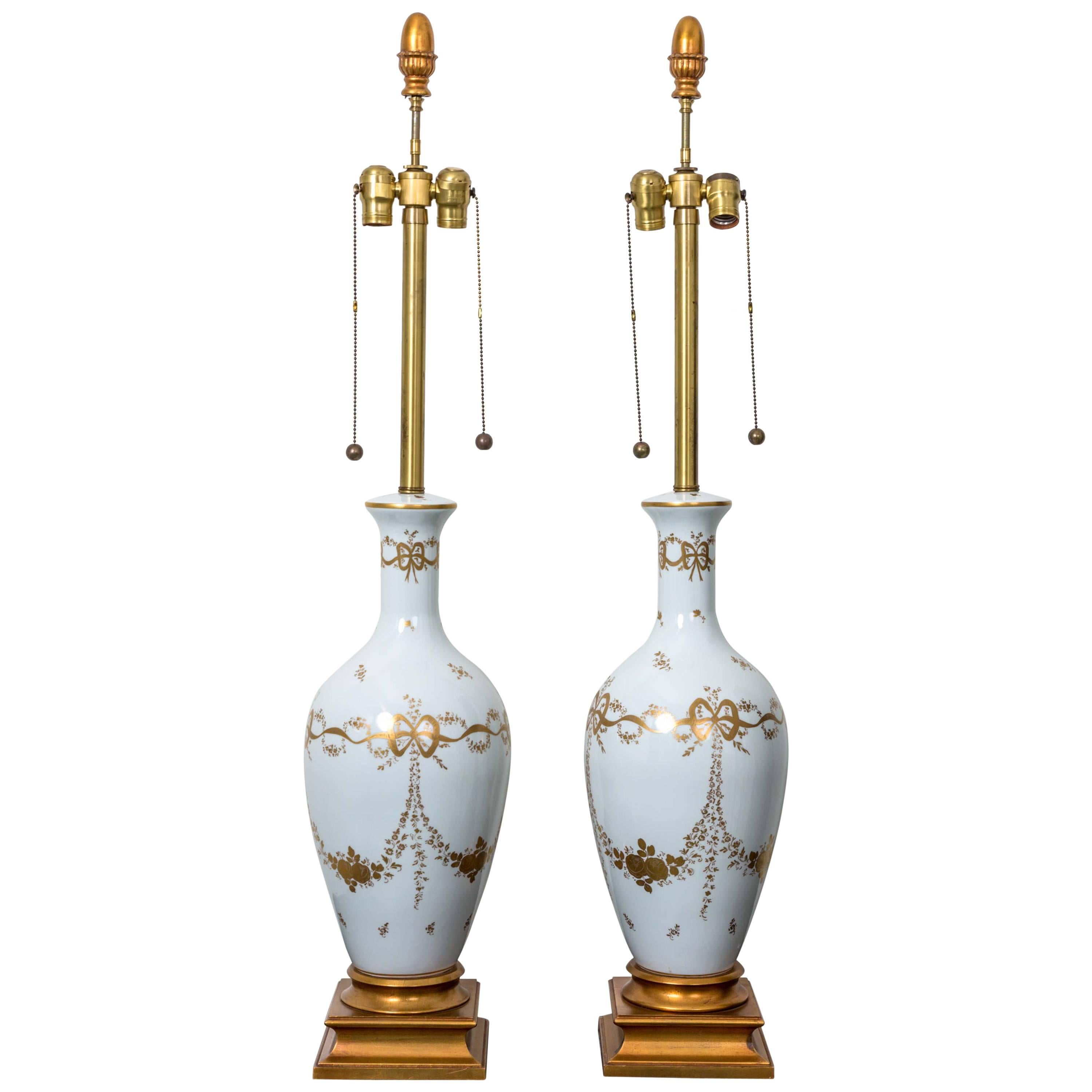 Pair of Monumental White French Porcelain Table Lamps For Sale