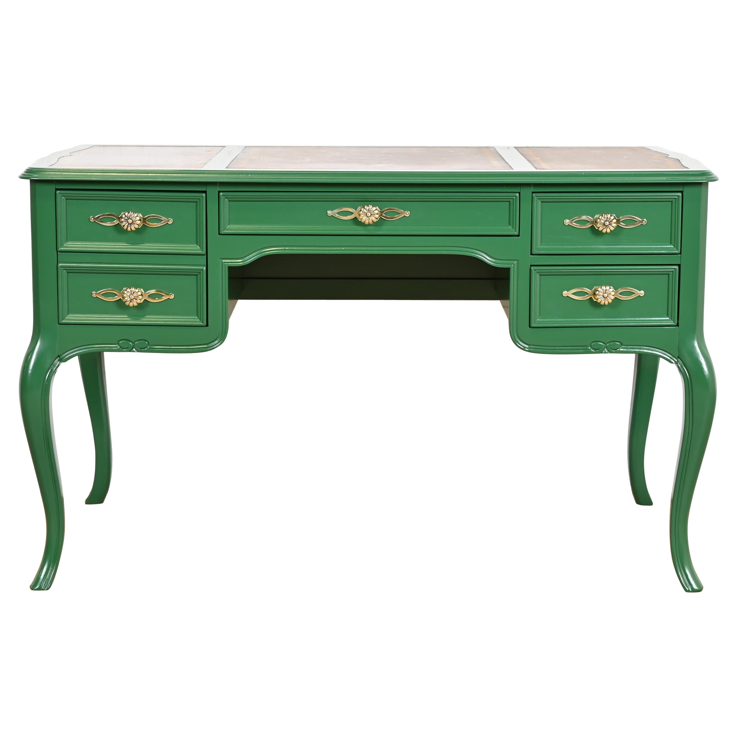 Sligh Furniture Escritorio provincial francés Luis XV con tapa de cuero lacado en verde en venta