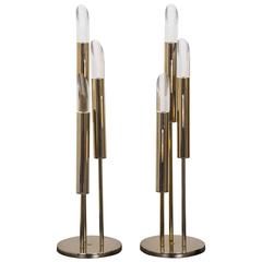 Mid-Century Pair of Italian Brass-Plated Chrome and Lucite Table Lamps