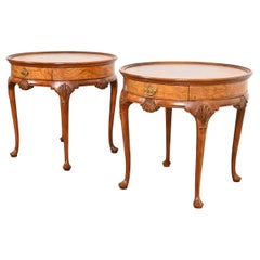 Baker Furniture Queen Anne Cherry and Burl Wood Tea Tables, Pair