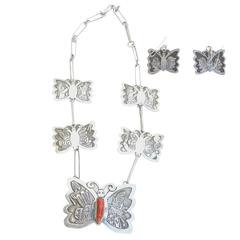 Beautiful Floyd Becenti Navajo Silver Overlay Coral Butterfly Necklace Set