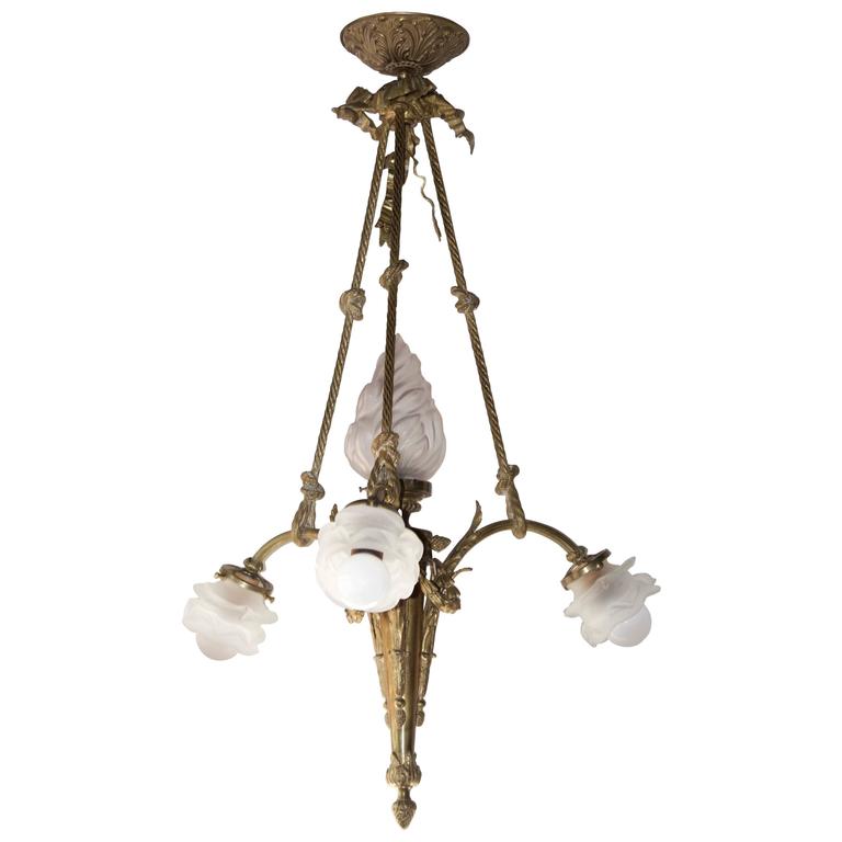 French Antique Pendant Chandelier in Gilt Bronze and Glass Shades For