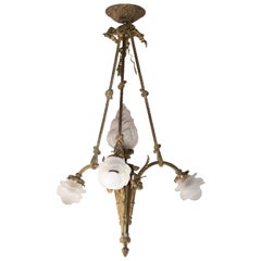 French Antique Pendant Chandelier in Gilt Bronze and Glass Shades