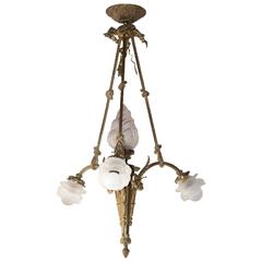 French Antique Pendant Chandelier in Gilt Bronze and Glass Shades 12