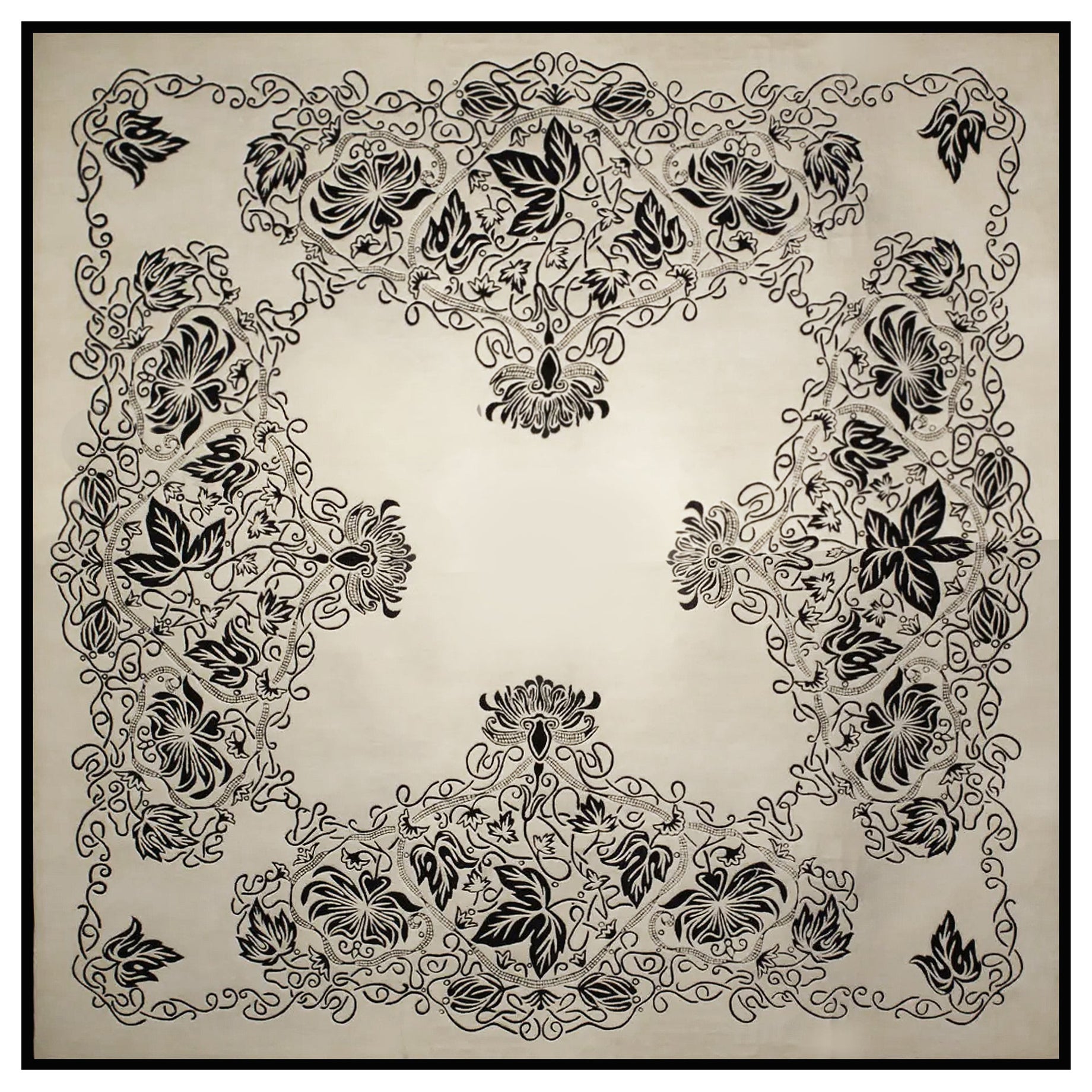 Alfombra de Seda Europea Occidental, Diseño Blanco y Negro, Pedido a Medida en venta