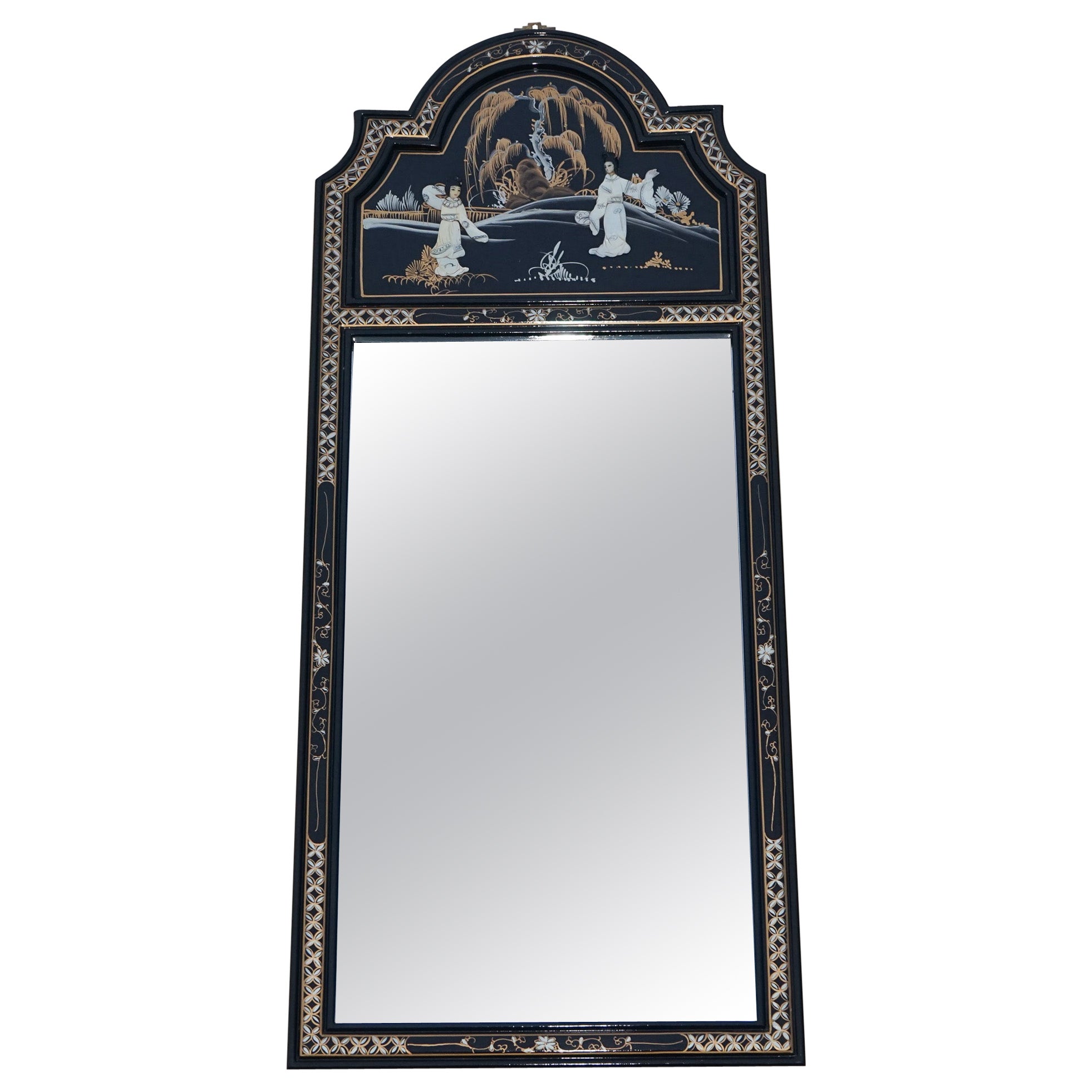 VINTAGE CHINESE ORIENTAL CHINOISERIE ORNATE LACQUERED WALL MiRROR For Sale