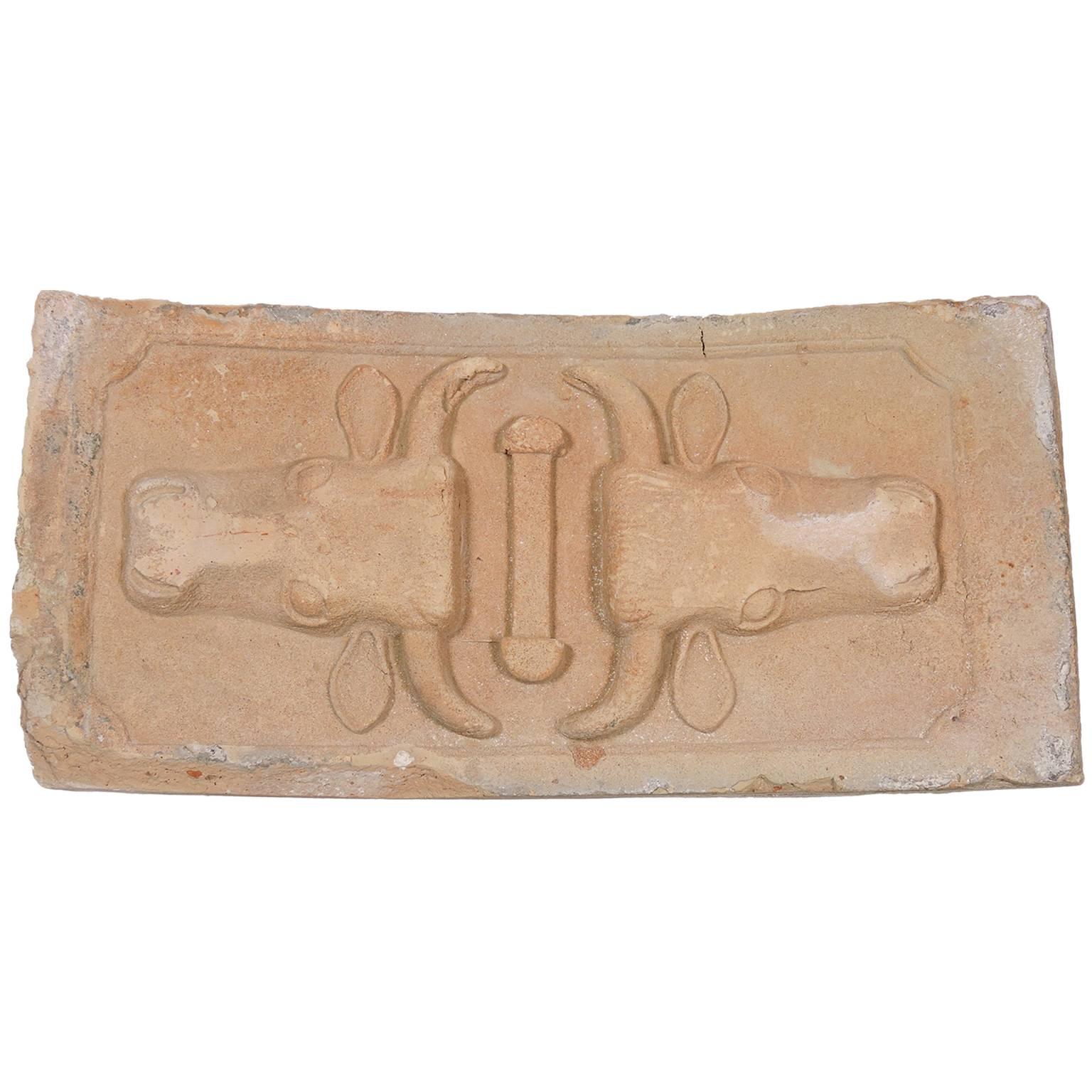 19th Century Carved Sandstone Architectural Element with Double Bulls Heads For Sale