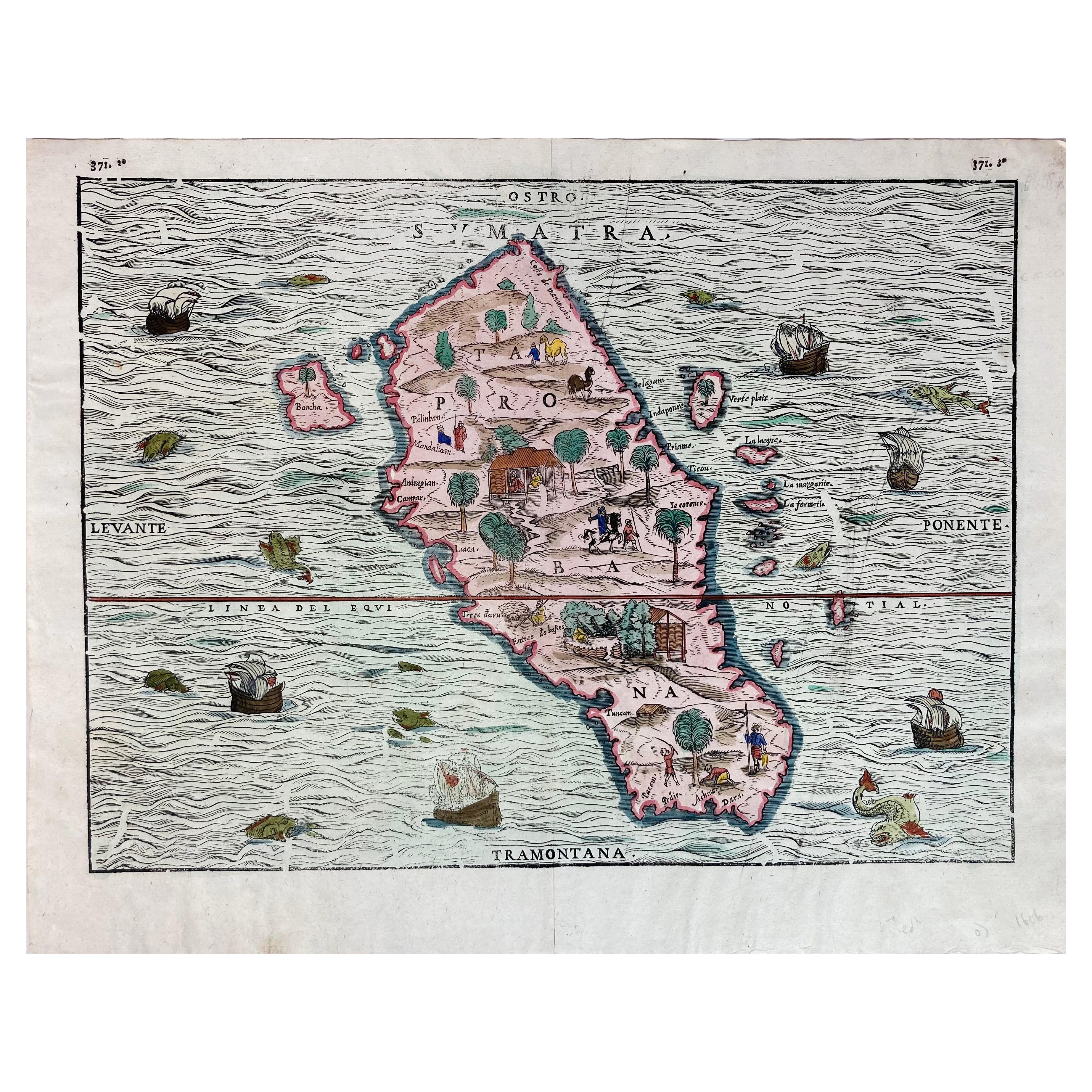 1606 Mapa xilográfico coloreado a mano de Sumatra de Delle Navigationi de Ramusio en venta