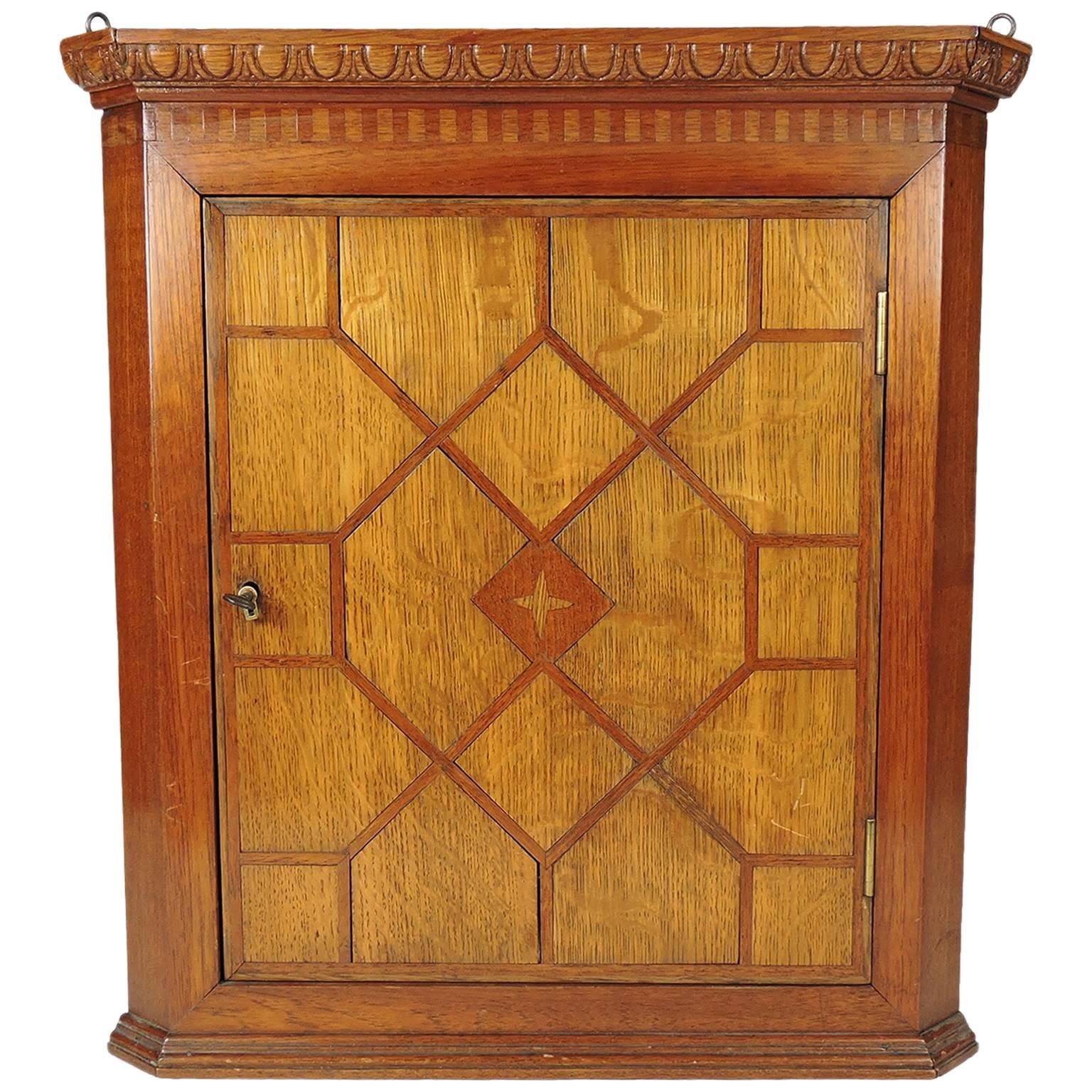 19th Century Georgian Oak and Parquetry Fruitwood Inlaid Hanging Corner Cabinet For Sale