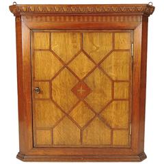 Antique 19th Century Georgian Oak and Parquetry Fruitwood Inlaid Hanging Corner Cabinet