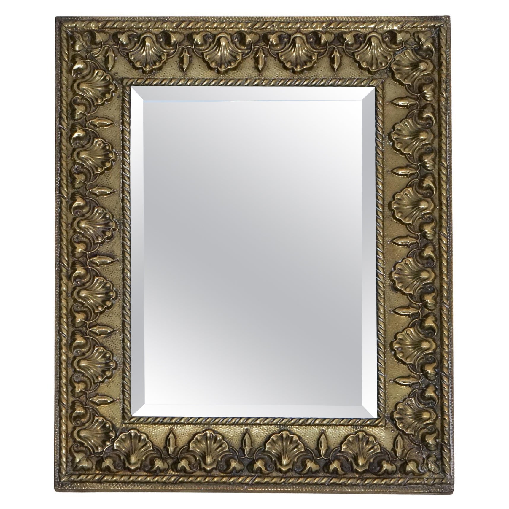 ANTIQUE NEOCLASSiCAL STYLE BRASS SHELLS & BLEEDING HEARTS BEVELLED MIRROR