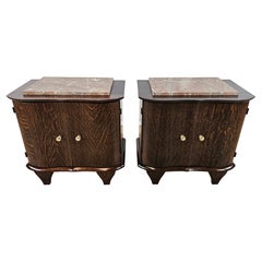 Comodini Art Decò con piano in marmo rosso venato e maniglie in ottone 1950