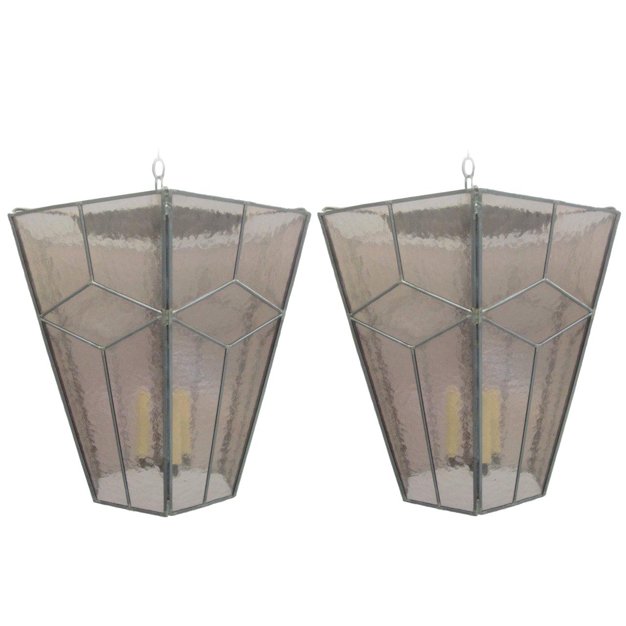 3 Italian Modern Neoclassical Leaded Rose-Grey Glass/Pendants/Lanterns