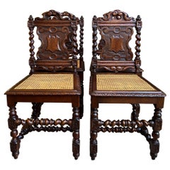 Set 4 Antique French Dining Chairs Barley Twist Cane Seat Carved Oak c1920