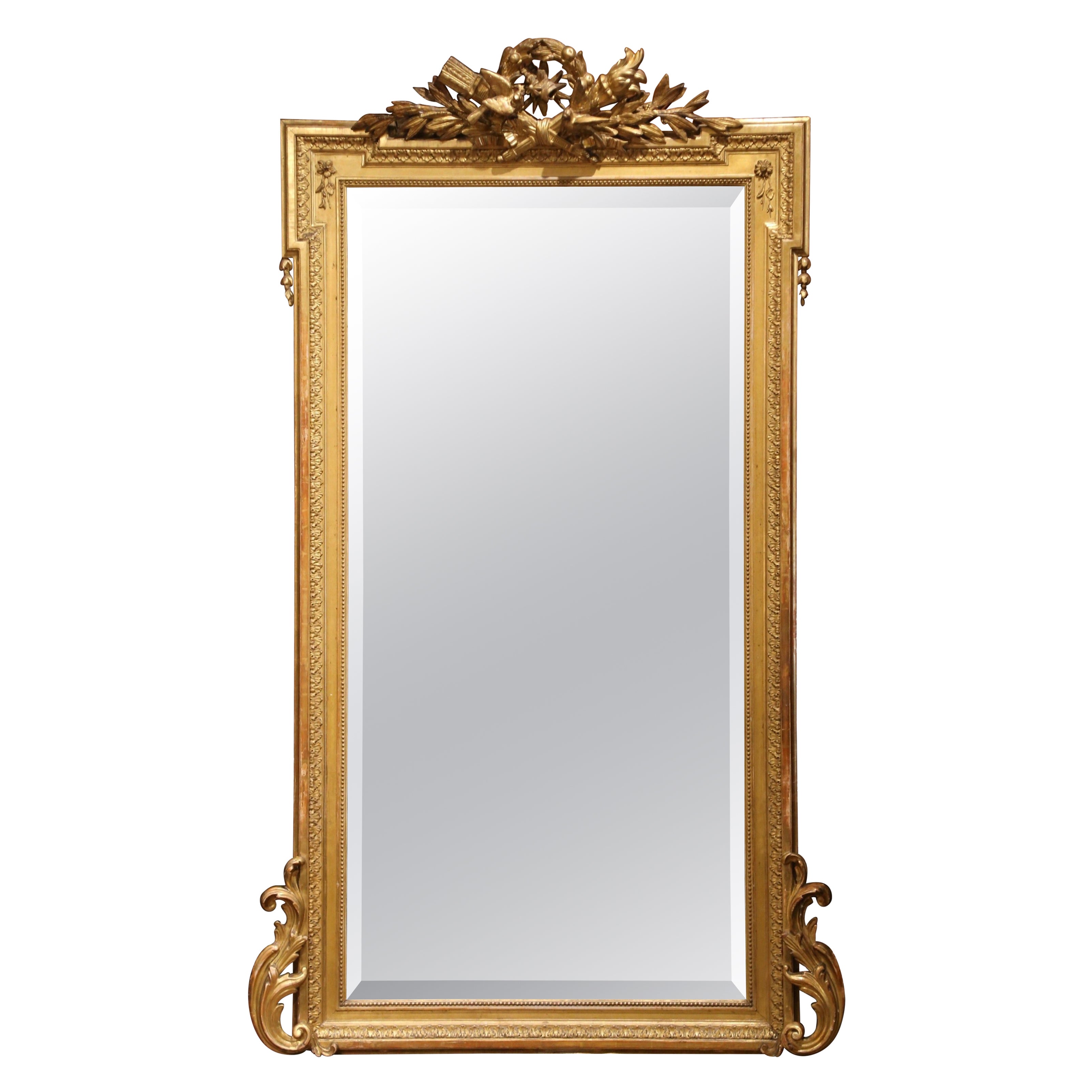 19th Century French Louis XVI Carved Giltwood and Beveled Wall or Mantel Mirror