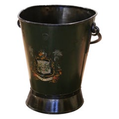 Antique Early 20th Century English Hand-Painted Iron Coal Bucket with Coat of Arms