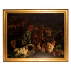 Antique The Barque of Dante Oil Painting After Eugéne Delacroix