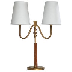 Arvid Böhlmarks Lampfabrik, Table Lamp, Brass, Wood, Fabric, Sweden, 1930s