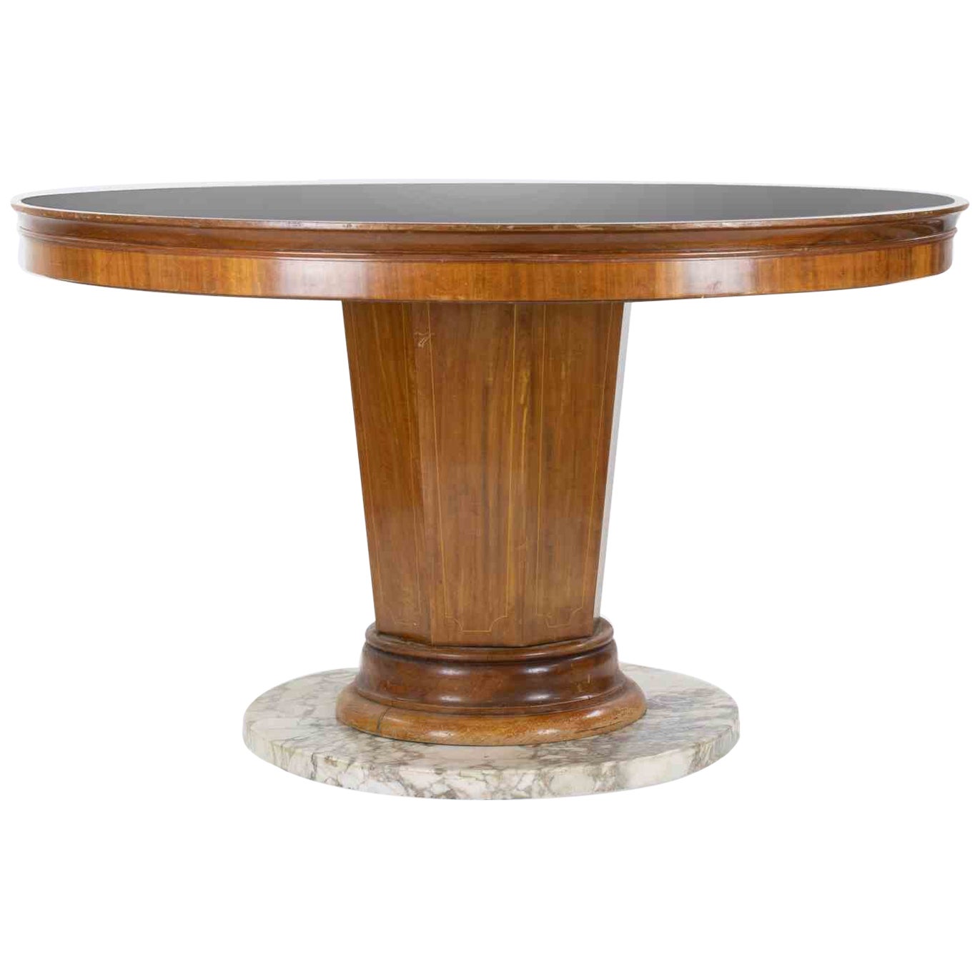 Mesa de madera de mediados de siglo con base de mármol y tapa de cristal, mediados del siglo XX