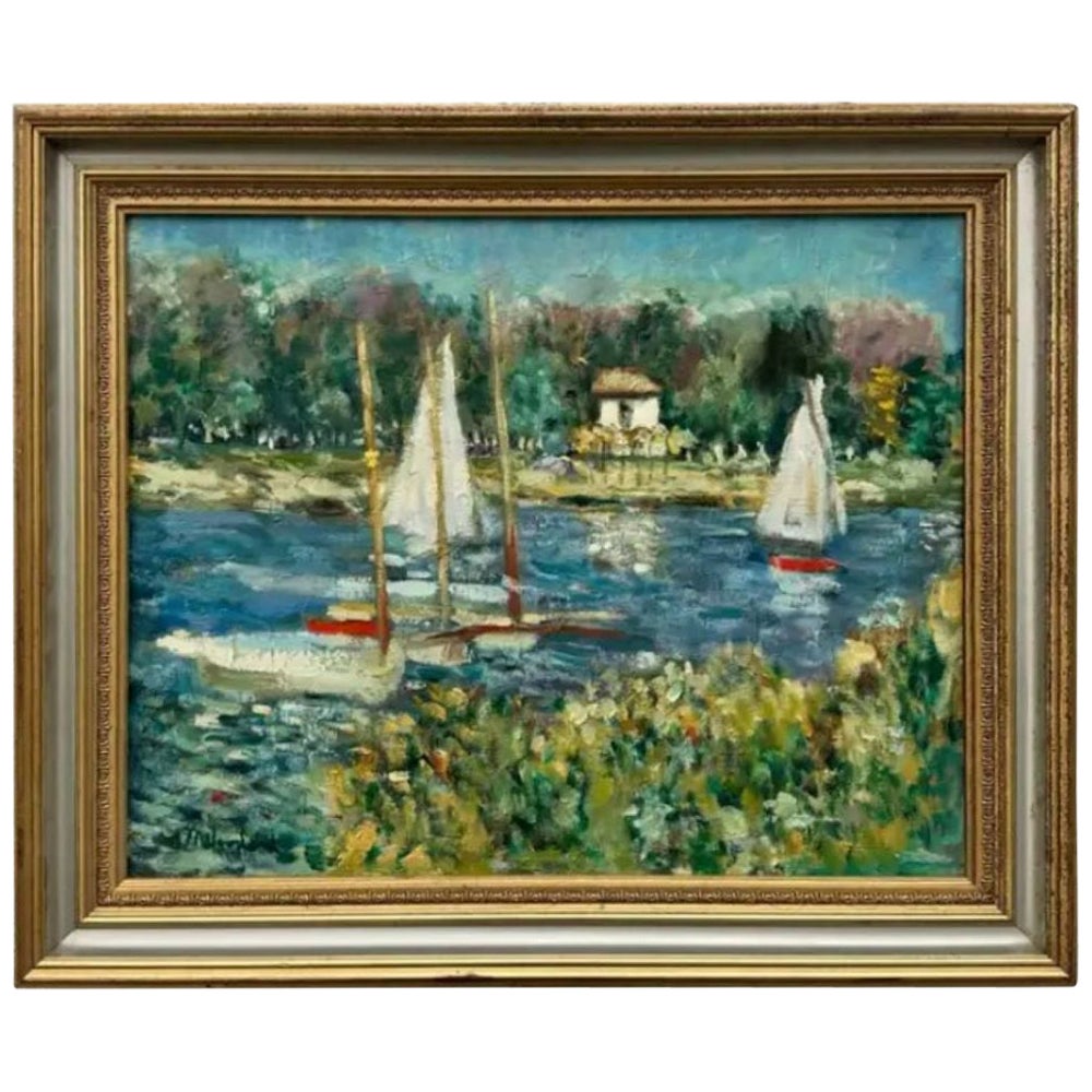 Olio su tela con paesaggio marino astratto vintage Boho