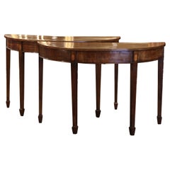 Paire de tables console Demilune en acajou sculpté et marqueterie d'acajou anglais du 19ème siècle