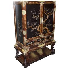 Chinese Hardwood Lacquered Cabinet on Frame with Mixed Metal Mounts