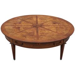 Modern Round Burl Coffee Table by Mastercraft with Small Drawer and Copper Pulls