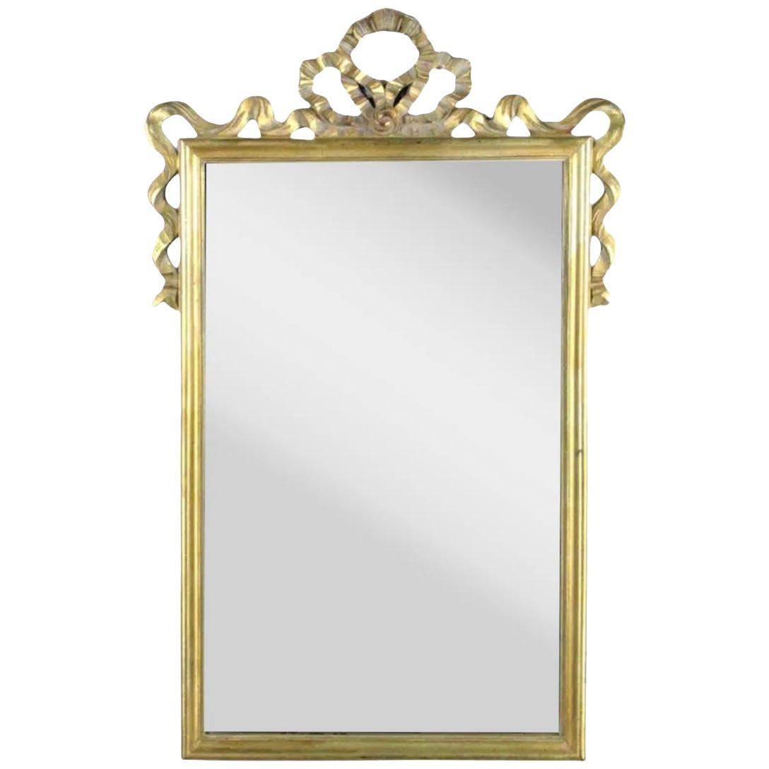 French Gilt Neoclassical Wall Mirror Carved Draped Ribbon Fold Swag