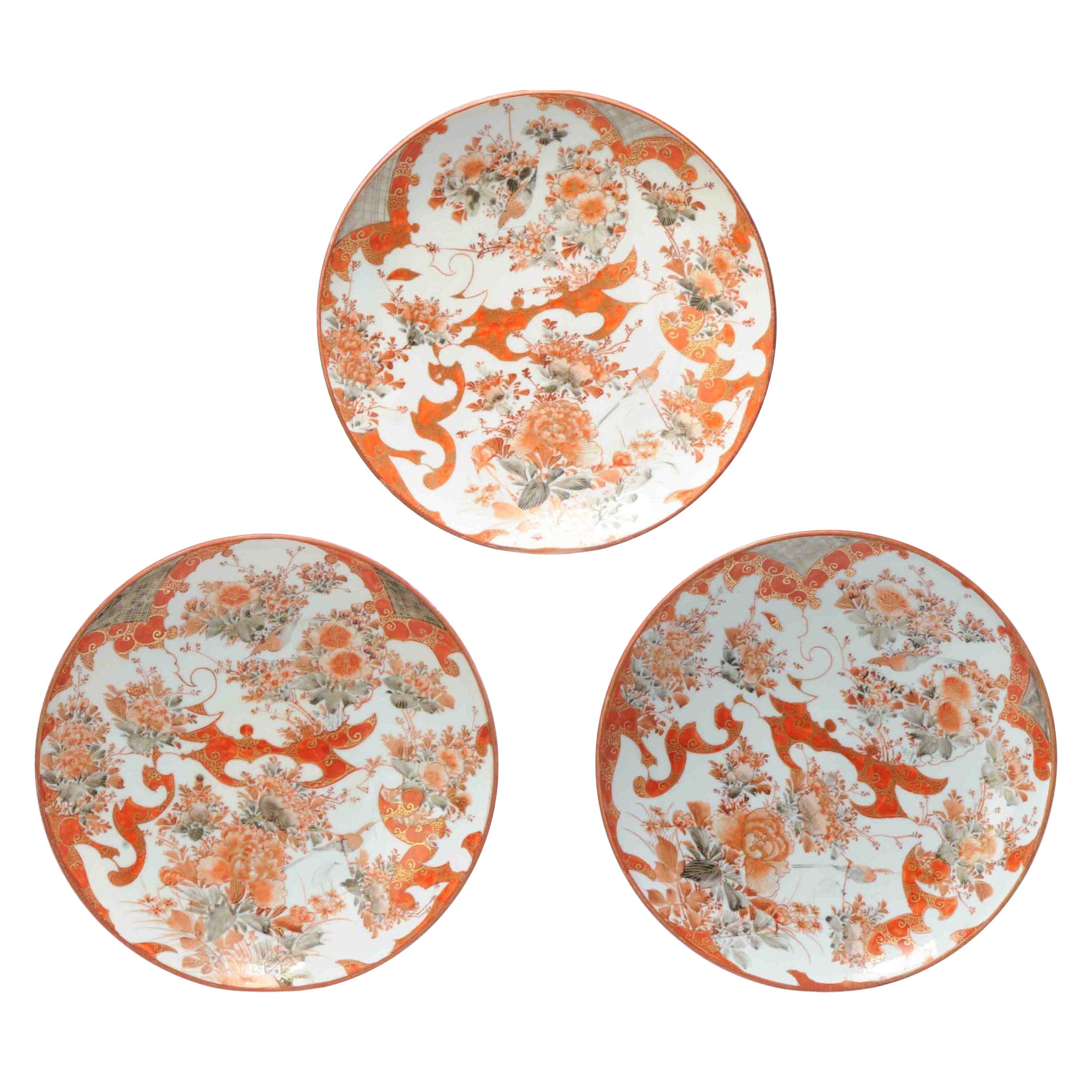 Set of 3 Antique Japanese Kutani Plates with Flowers and Birds, 19th Century