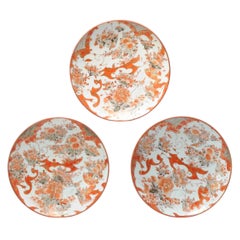 Set of 3 Antique Japanese Kutani Plates with Flowers and Birds, 19th Century