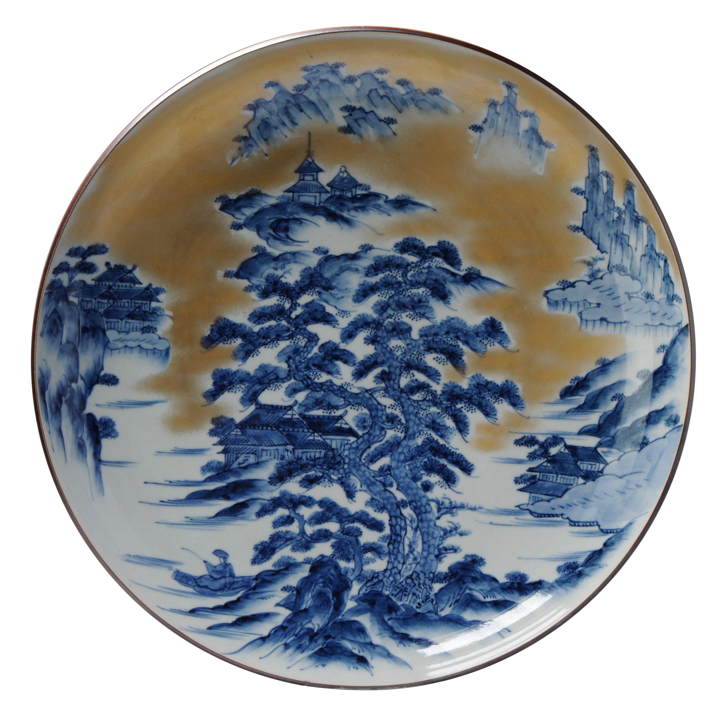 Japanese Porcelain Super Large Charger in Blue & White Landscape, 20th Century