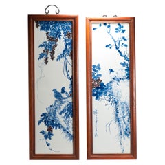 Pair of Chinese Porcelain Bird Plaques in Blue & Red, China Marked, 20th Century