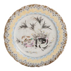 Antique Japanese Meiji Landscape Plate with Fine Details Pekinese Dogs, 19th C.