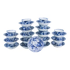 Set of 16 Antique Kangxi Period Chinese Porcelain Fishermen Teaset Cup Saucer