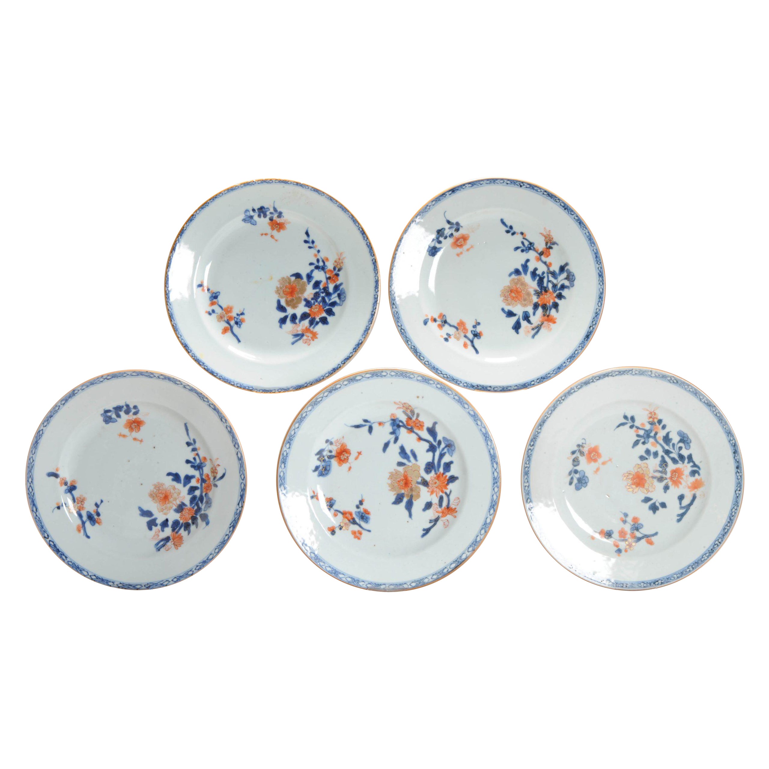Juego de 5 Platos de Cena Antiguos de Porcelana China Kangxi Azul Blanco Pagode