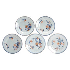 Juego de 5 Platos de Cena Antiguos de Porcelana China Kangxi Azul Blanco Pagode