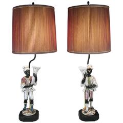 Pair of Antique Hand-Painted Porcelain Blackamoor Lamps 1