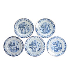 Juego de 5 Platos de Cena Antiguos de Porcelana China Kangxi Azul Blanco Pagode