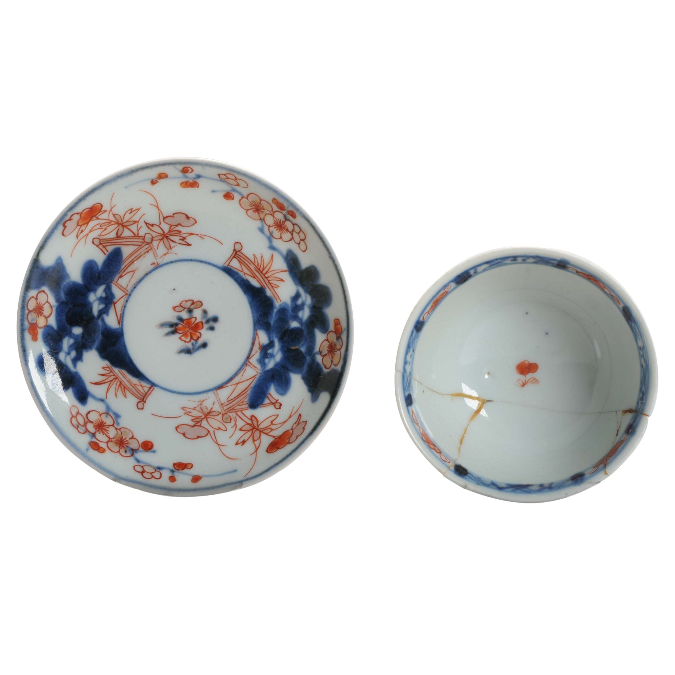 Antique Japanese Porcelain Edo Period Tea Bowl Floral Bird Imari For Sale