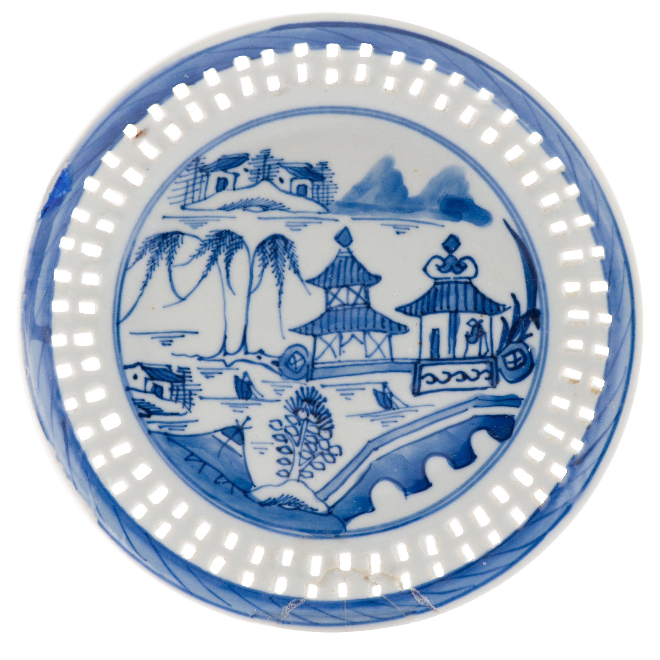 Antique Chinese Export Porcelain Cantonese Blue White Ajour Plate Landscape
