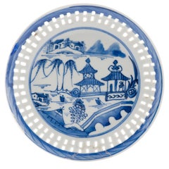 Antique Chinese Export Porcelain Cantonese Blue White Ajour Plate Landscape