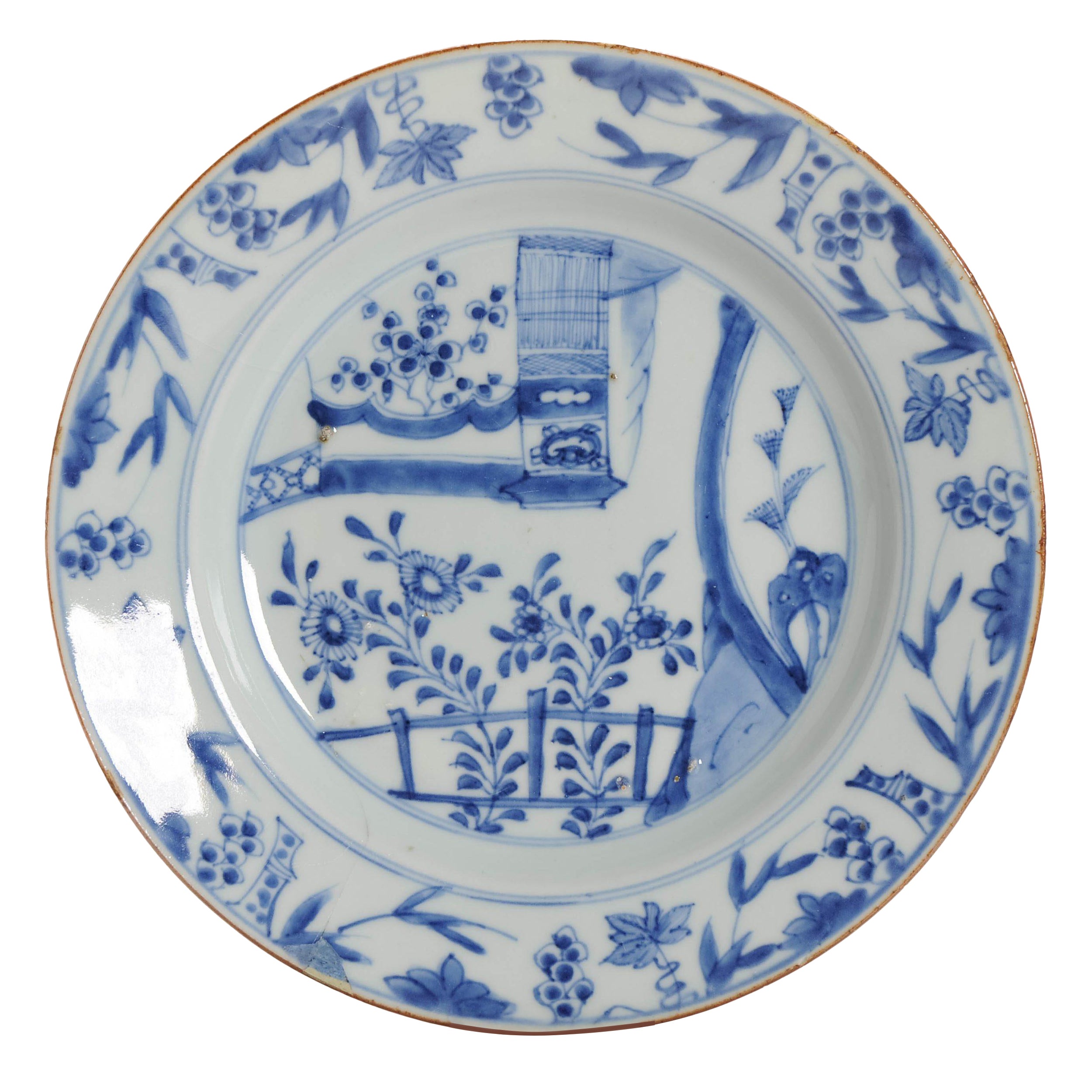 Antique Kangxi Qing Period Chinese Porcelain Plate Marked Base, 18th Century